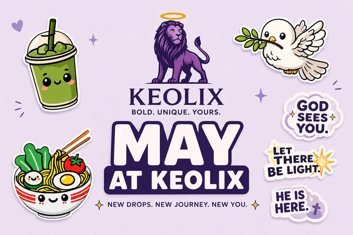 KEOLIX brand logo with kawaii aesthetic sticker designs on pastel background