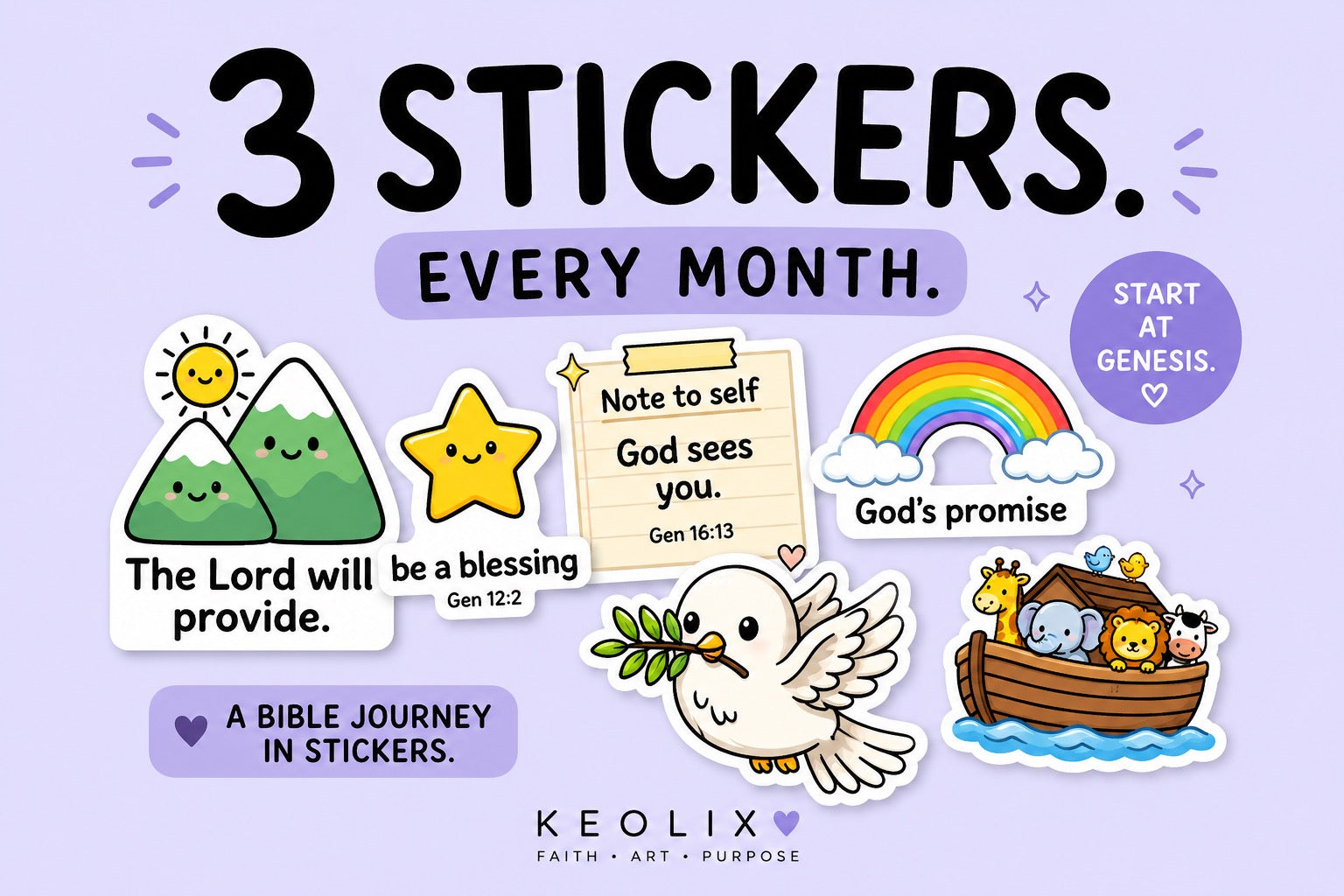 bible stickers, dove, moutains and a sticker of rainbow saying God's promise 