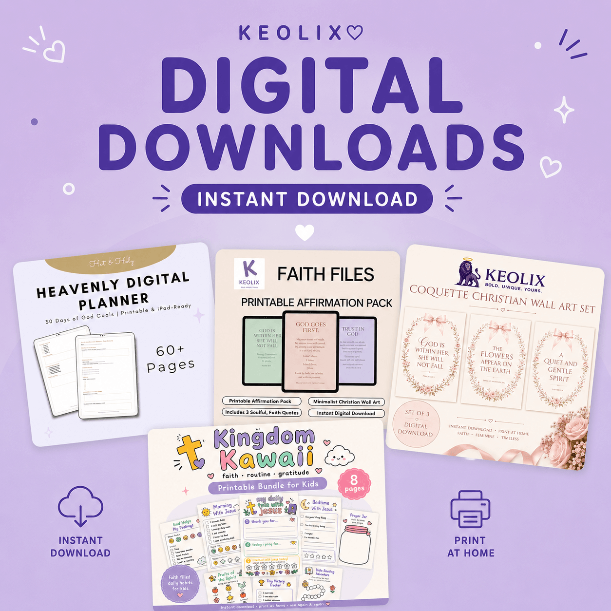 Christian Digital Downloads Collection featuring printable Bible journals, Christian wall art, prayer printables and Scripture resources by KEOLIX