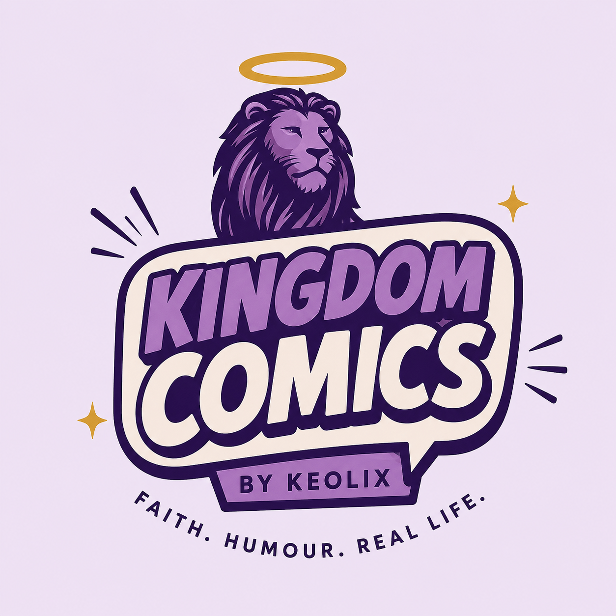 Kingdom Comics by KEOLIX logo featuring a purple lion with a gold halo above a comic speech bubble containing the words "Kingdom Comics." The tagline below reads "Faith. Humour. Real Life." in bold purple and cream branding.