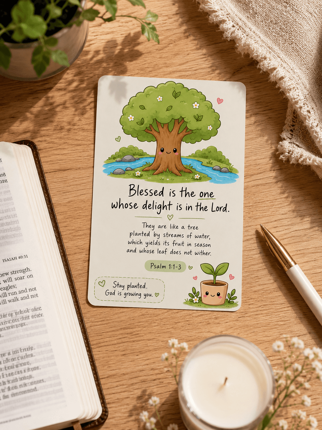 Psalm 1 laminated prayer card featuring a kawaii tree beside streams of water and Bible verse Psalm 1:1-3