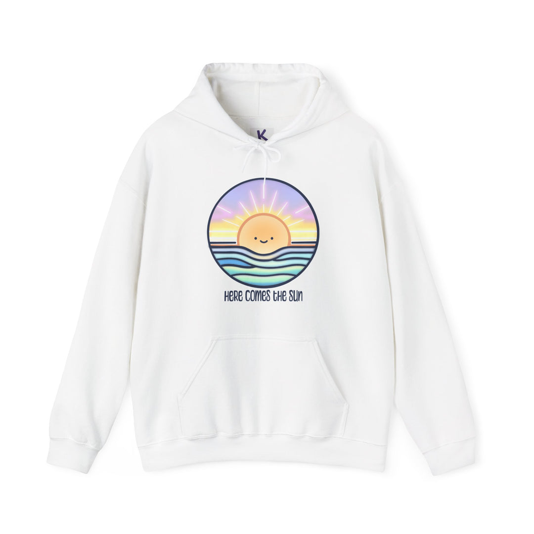 Front view of Here Comes The Sun Hoodie”, “Back view of Here Comes The Sun Hoodie”, “Close-up of sun design on hoodie”, “Side view of hoodie with sun graphic