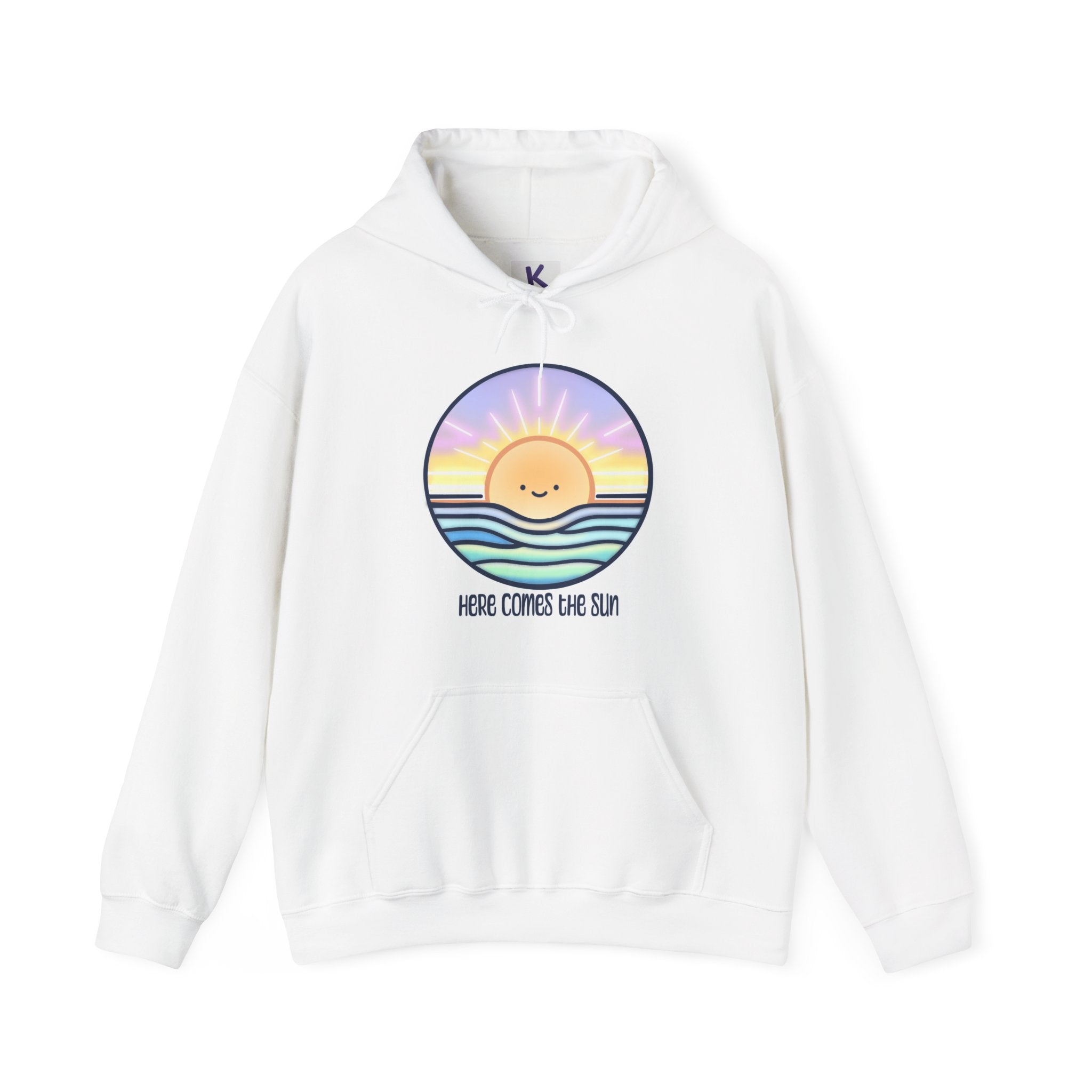 Front view of Here Comes The Sun Hoodie”, “Back view of Here Comes The Sun Hoodie”, “Close-up of sun design on hoodie”, “Side view of hoodie with sun graphic