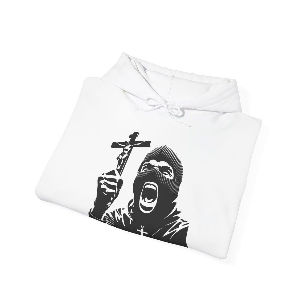 Main Image: Ave Christus Rex Hoodie – Religious Gothic Streetwear Design
Folded View: Black & White Ave Christus Rex Hoodie – Minimalist Faith-Based Fashion
Person Wearing It: Christian Hoodie with Latin Quote – Streetwear Aesthetic
Front Close-up: Detailed Cross & Masked Figure Print on White Hoodie