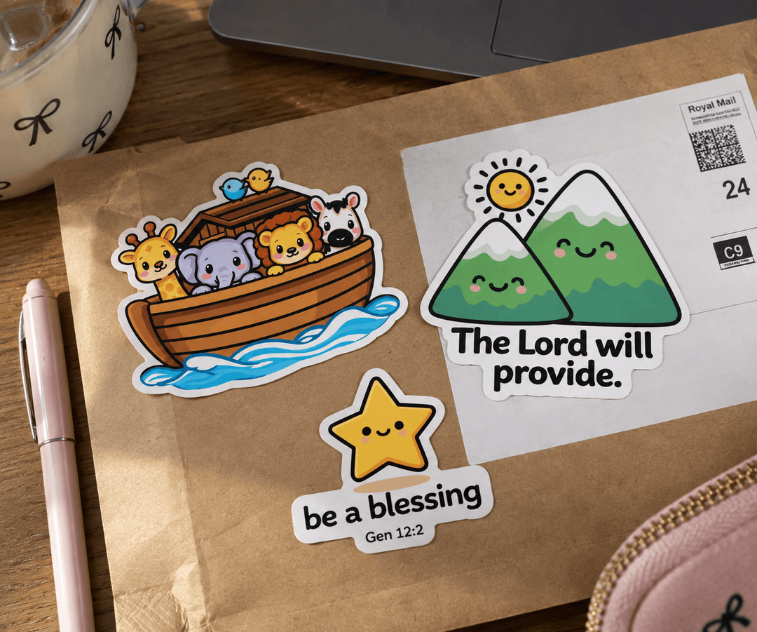 Three cute die-cut stickers displayed on a brown kraft paper envelope, surrounded by desk props like a pink pen, a laptop, and a ceramic mug. The stickers feature a Noah&
