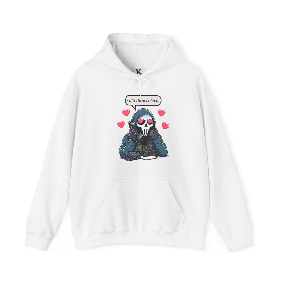 A white hoodie featuring a playful graphic of a cartoon reaper holding a phone with the text “No, you hang up first” in bold, black letters. Ideal for fans of dark humor and edgy streetwear style.