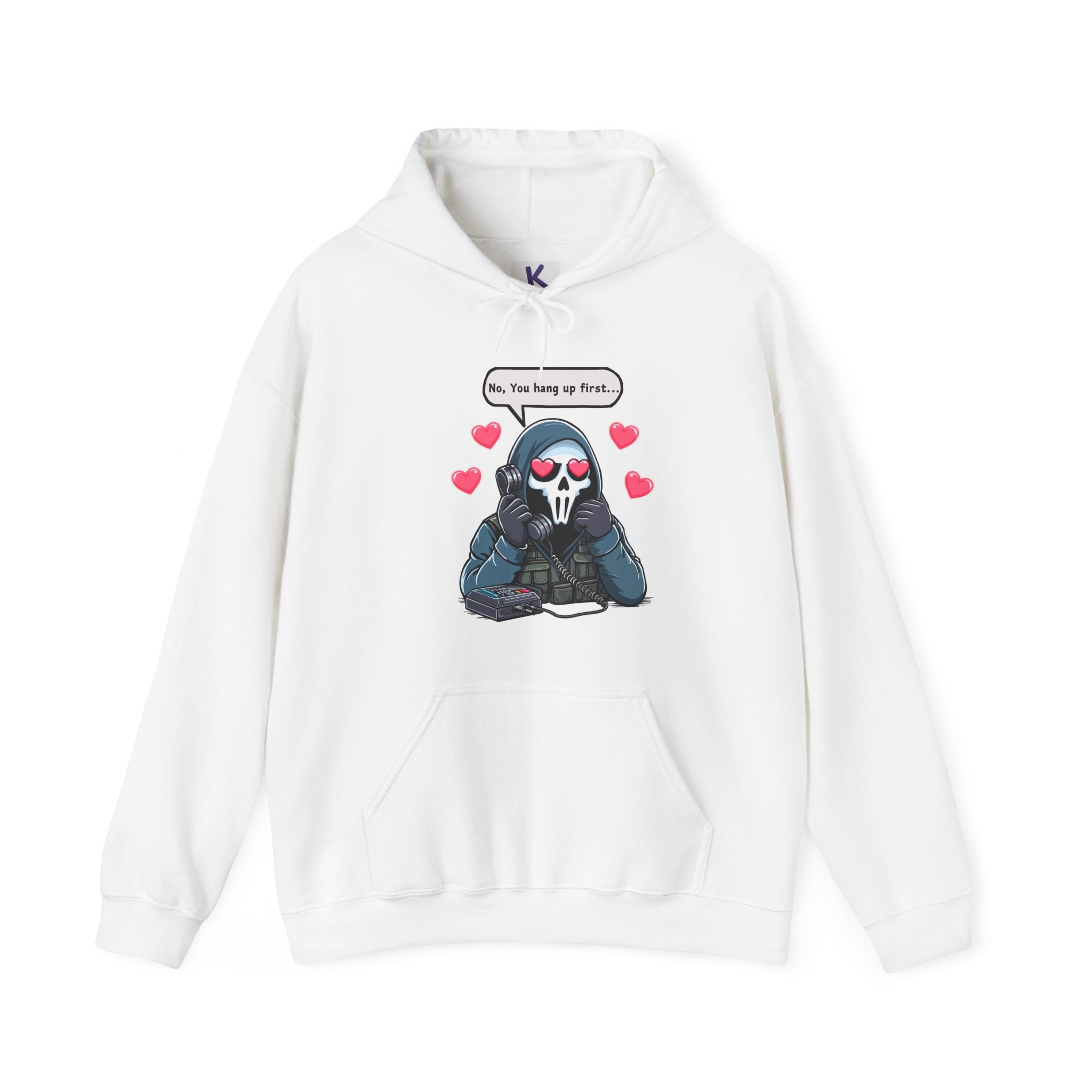 A white hoodie featuring a playful graphic of a cartoon reaper holding a phone with the text “No, you hang up first” in bold, black letters. Ideal for fans of dark humor and edgy streetwear style.