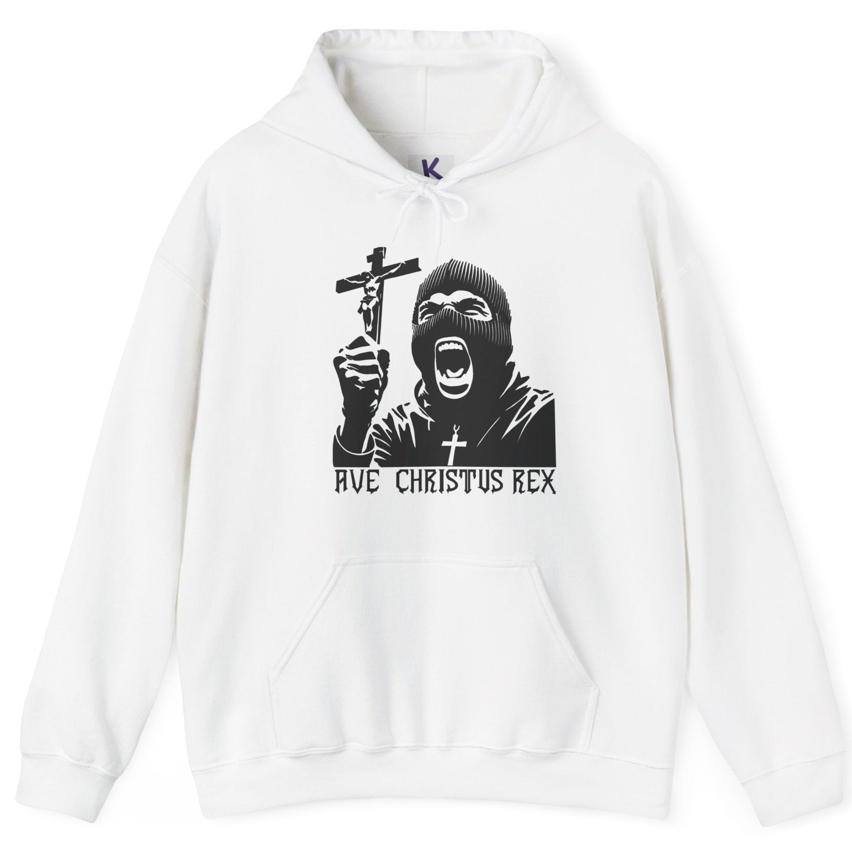 Main Image: Ave Christus Rex Hoodie – Religious Gothic Streetwear Design
Folded View: Black & White Ave Christus Rex Hoodie – Minimalist Faith-Based Fashion
Person Wearing It: Christian Hoodie with Latin Quote – Streetwear Aesthetic
Front Close-up: Detailed Cross & Masked Figure Print on White Hoodie