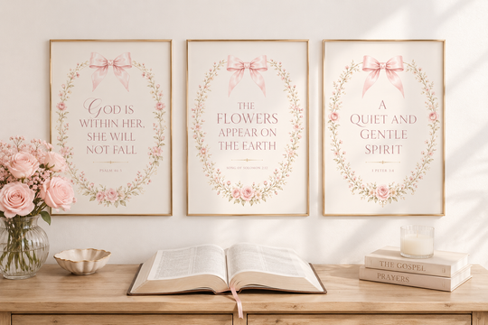 Coquette Christian wall art set featuring Psalm 46:5, Song of Solomon 2:12 and 1 Peter 3:4 with blush pink bows and vintage floral wreaths as printable Bible verse decor.