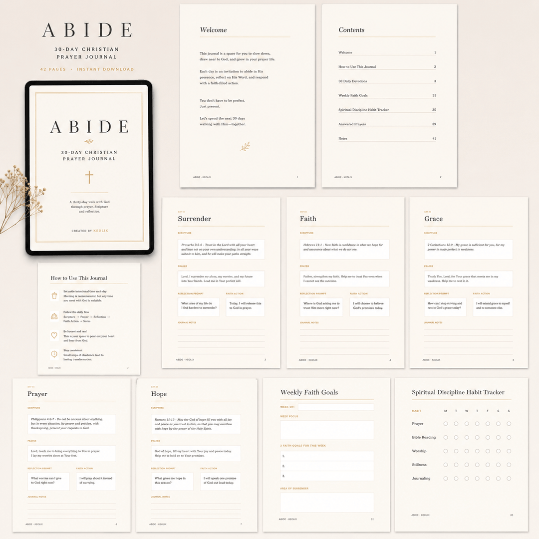 30-Day Christian Prayer Journal printable PDF for women featuring guided prayer prompts, Bible study pages, gratitude journal, weekly faith goals and spiritual habit tracker.