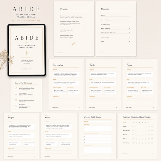30-Day Christian Prayer Journal printable PDF for women featuring guided prayer prompts, Bible study pages, gratitude journal, weekly faith goals and spiritual habit tracker.