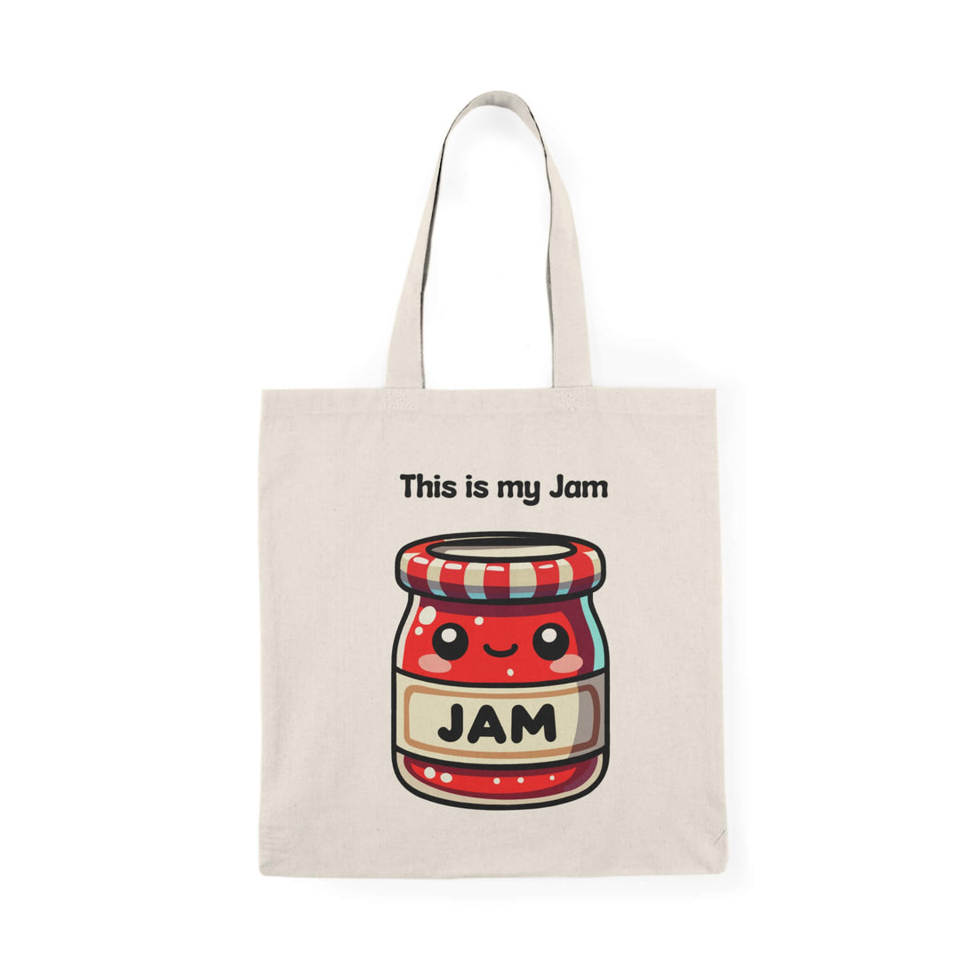 A playful tote bag featuring a kawaii-style jam jar design with the phrase "This is my Jam" on a natural canvas background, made from 100% recycled cotton.