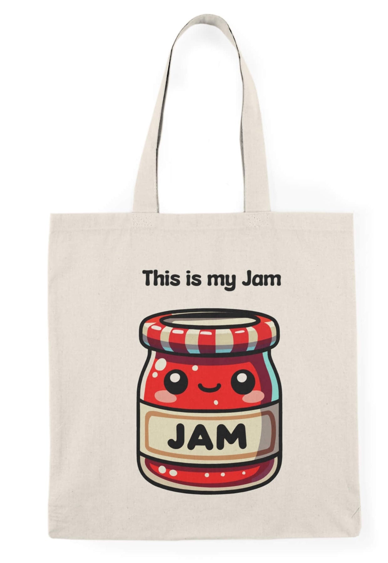 A playful tote bag featuring a kawaii-style jam jar design with the phrase "This is my Jam" on a natural canvas background, made from 100% recycled cotton.
