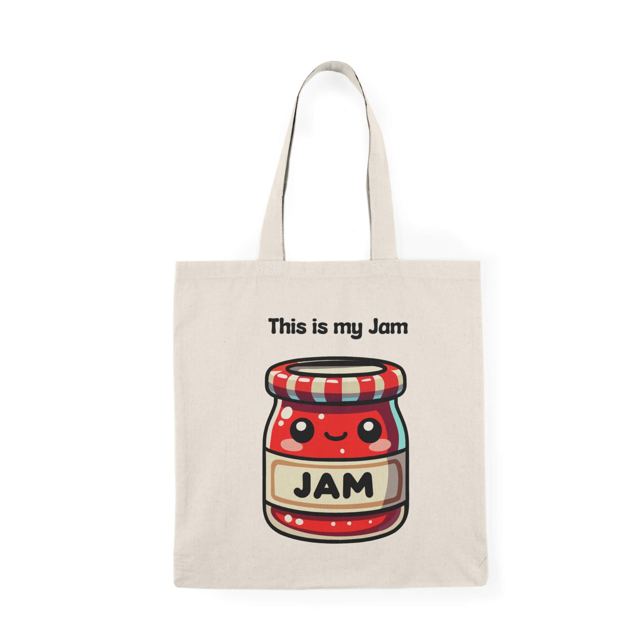 A playful tote bag featuring a kawaii-style jam jar design with the phrase "This is my Jam" on a natural canvas background, made from 100% recycled cotton.