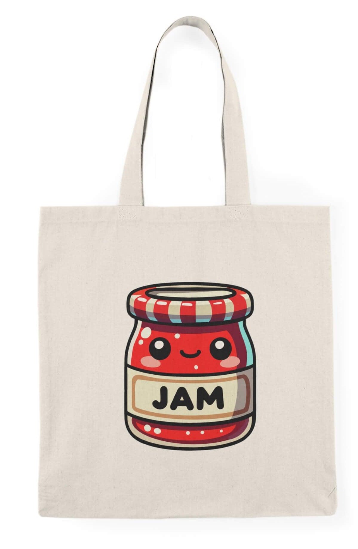 A cheerful tote bag featuring a kawaii-style illustration of a smiling jam jar with a red and white striped lid on a light beige background