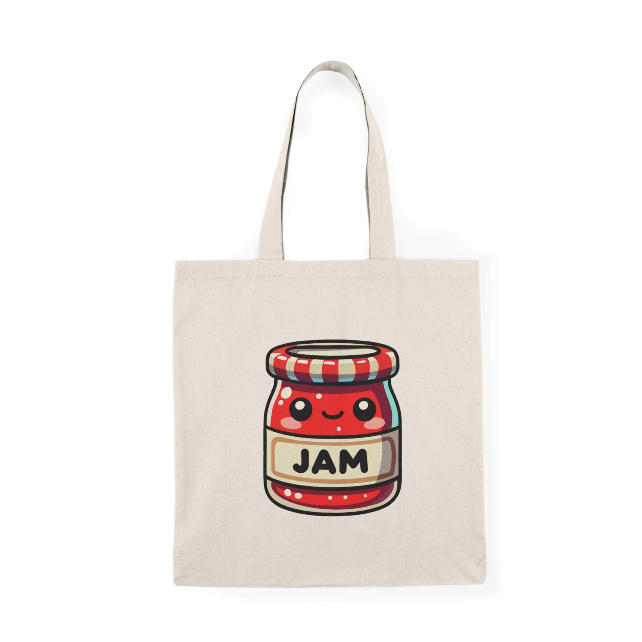 A cheerful tote bag featuring a kawaii-style illustration of a smiling jam jar with a red and white striped lid on a light beige background