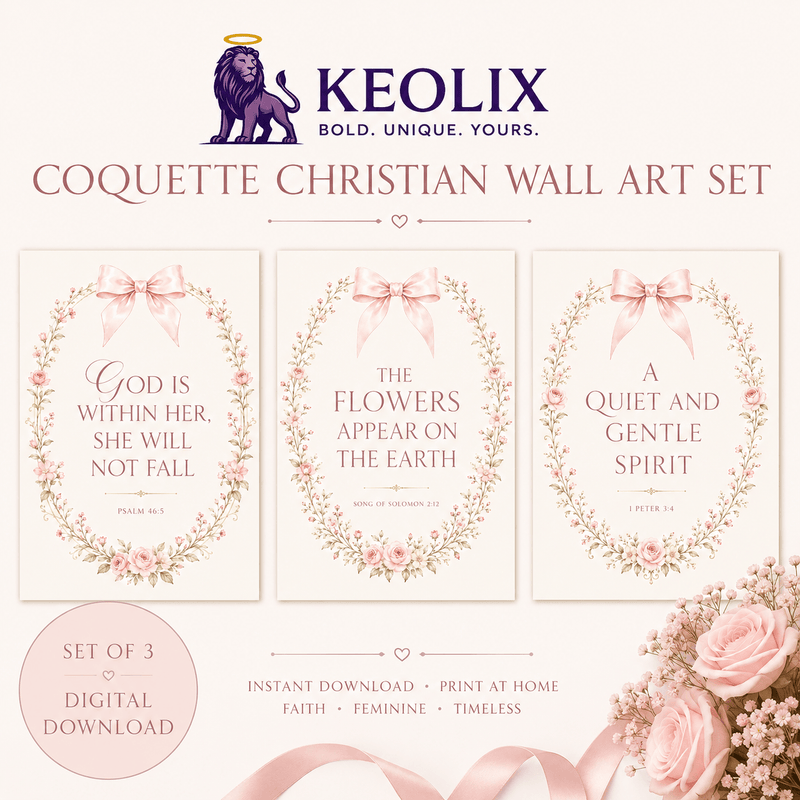 Keolix Coquette Christian Wall Art Set with floral designs and inspirational quotes on a white background.