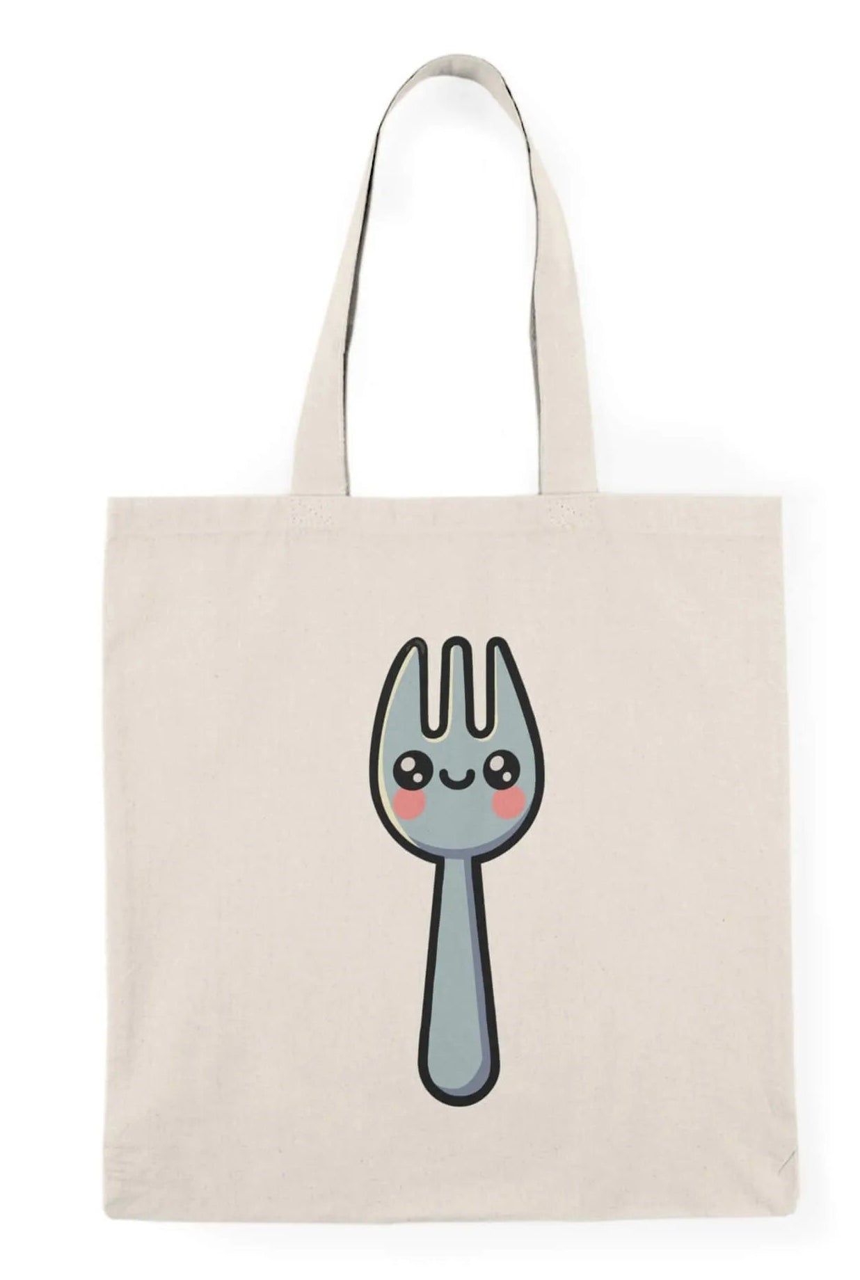A natural-colored tote bag featuring a cute, smiling spork illustration with rosy cheeks. Made from 100% recycled cotton, this eco-friendly bag measures 40 x 38 cm (15.7 x 15 inches) and has a lightweight yet durable 130-135 gsm thickness. Perfect for shopping, carrying books, or everyday essentials.

