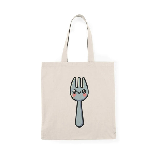 A natural-colored tote bag featuring a cute, smiling spork illustration with rosy cheeks. Made from 100% recycled cotton, this eco-friendly bag measures 40 x 38 cm (15.7 x 15 inches) and has a lightweight yet durable 130-135 gsm thickness. Perfect for shopping, carrying books, or everyday essentials.

