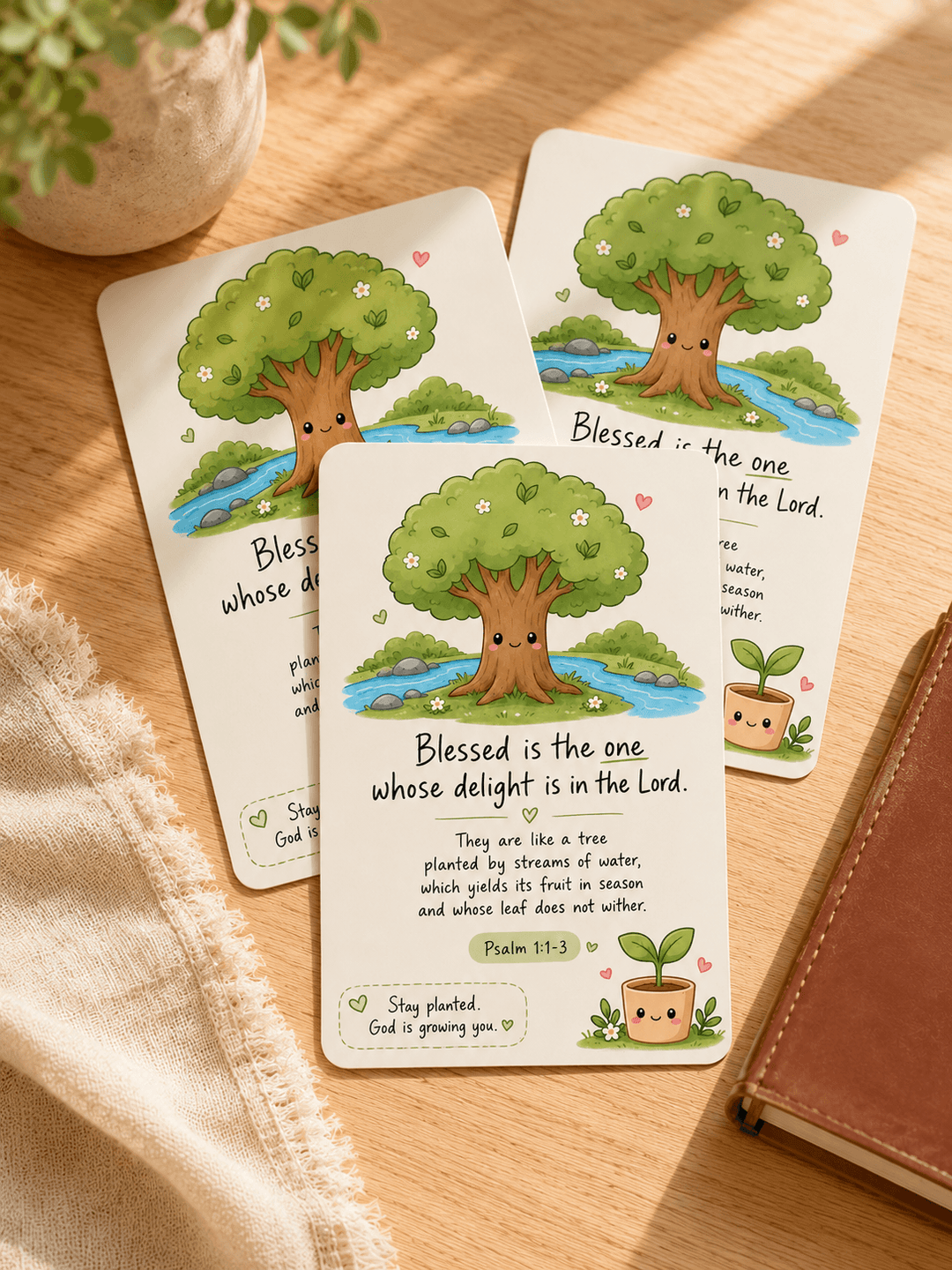 Psalm 1 laminated prayer card featuring a kawaii tree beside streams of water and Bible verse Psalm 1:1-3
