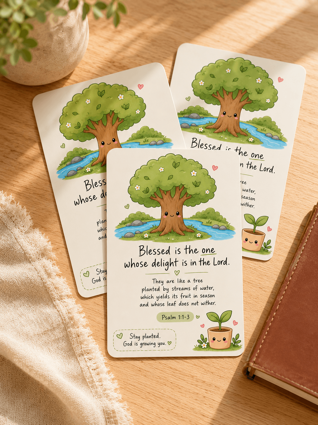 Psalm 1 laminated prayer card featuring a kawaii tree beside streams of water and Bible verse Psalm 1:1-3