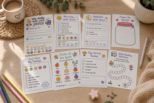 A set of printable daily devotional and Bible study worksheets arranged on a wooden surface with a coffee mug, plant, and colored pencils nearby. The sheets feature pastel-colored headers and illustrations for topics like &