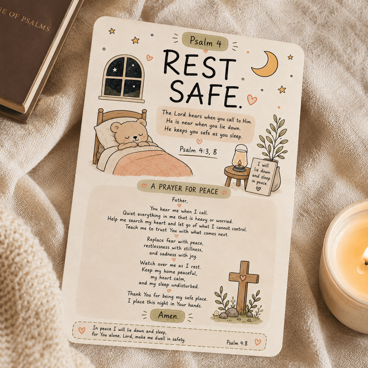 A comforting Psalm 4 prayer card for peaceful evenings and bedtime prayer. Featuring Psalm 4:3 and Psalm 4:8, “In peace I will lie down and sleep,” alongside an original prayer for peace, trust and God's protection. A beautiful Christian gift, Bible study companion or bedside Scripture reminder.