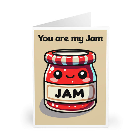 Kawaii-style greeting card featuring a smiling red jam jar with &