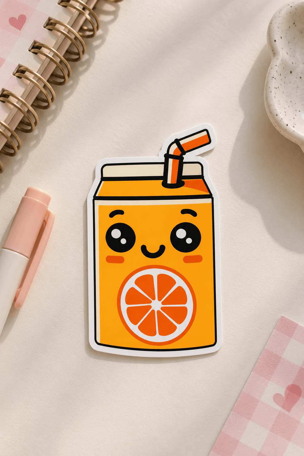 A cute cartoon juice box sticker with a smiling face and an orange slice graphic, placed on a light beige desk with a spiral notebook, pen, and ceramic dish in the background.