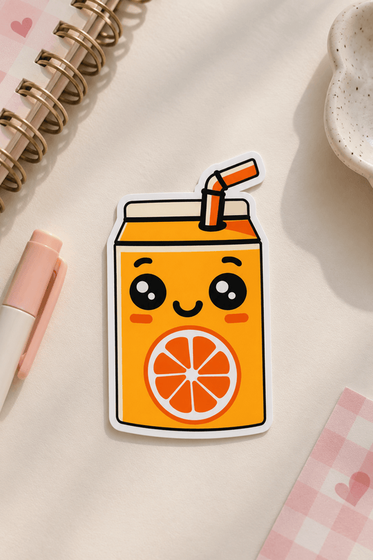 A cute cartoon juice box sticker with a smiling face and an orange slice graphic, placed on a light beige desk with a spiral notebook, pen, and ceramic dish in the background.