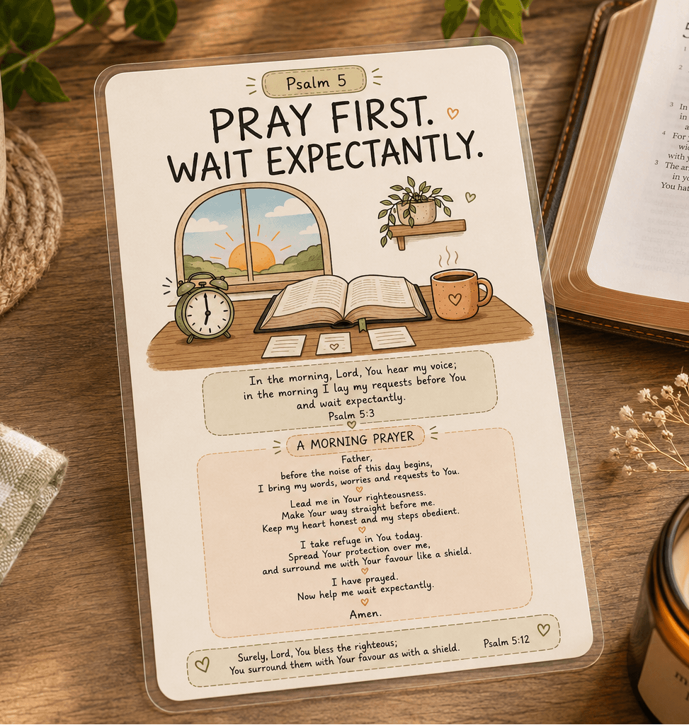 Psalm 5 Christian morning prayer card featuring Pray First Wait Expectantly, Psalm 5:3, Bible, sunrise and written morning prayer