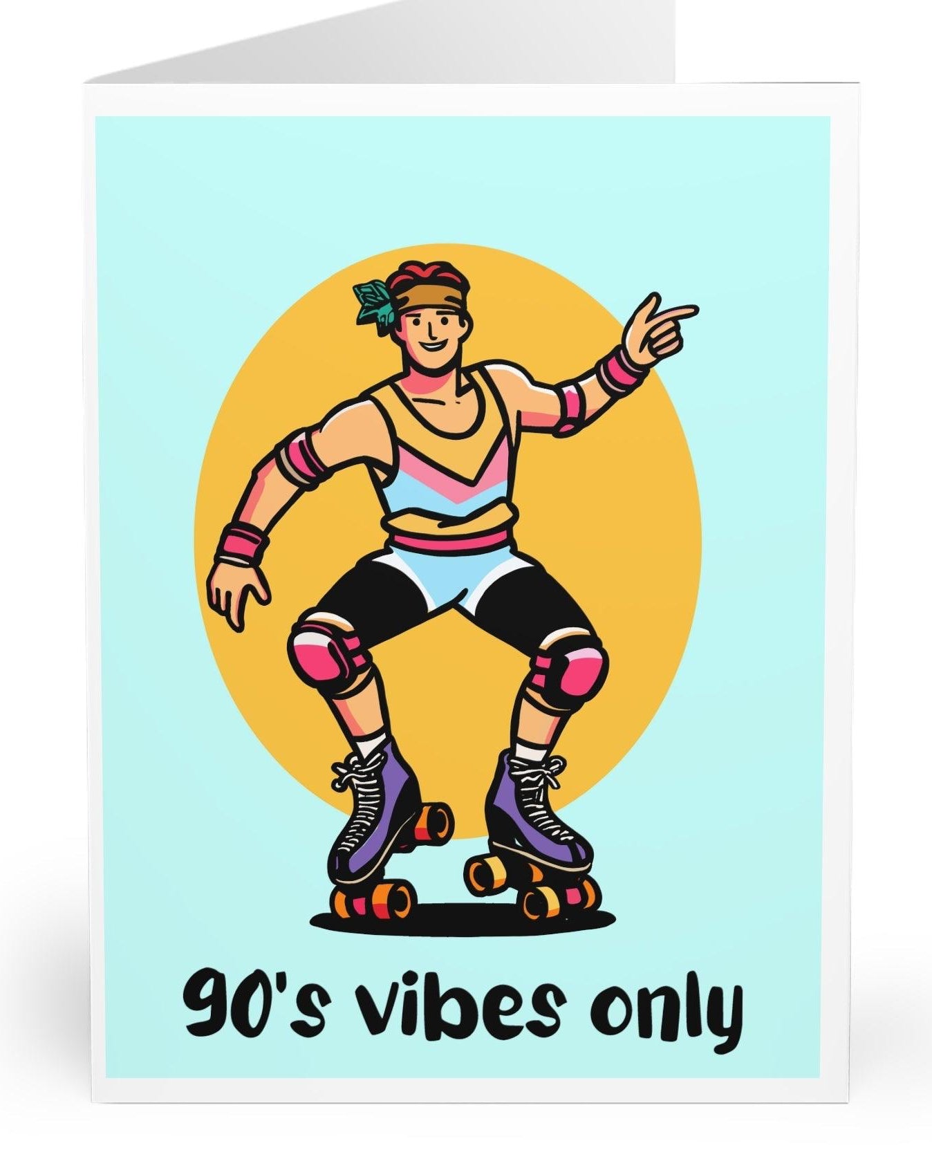 Retro-themed greeting card featuring a roller-skating figure with vibrant colors and the text '90’s Vibes Only.' A nostalgic card perfect for fans of 90’s culture  KEOLIX 