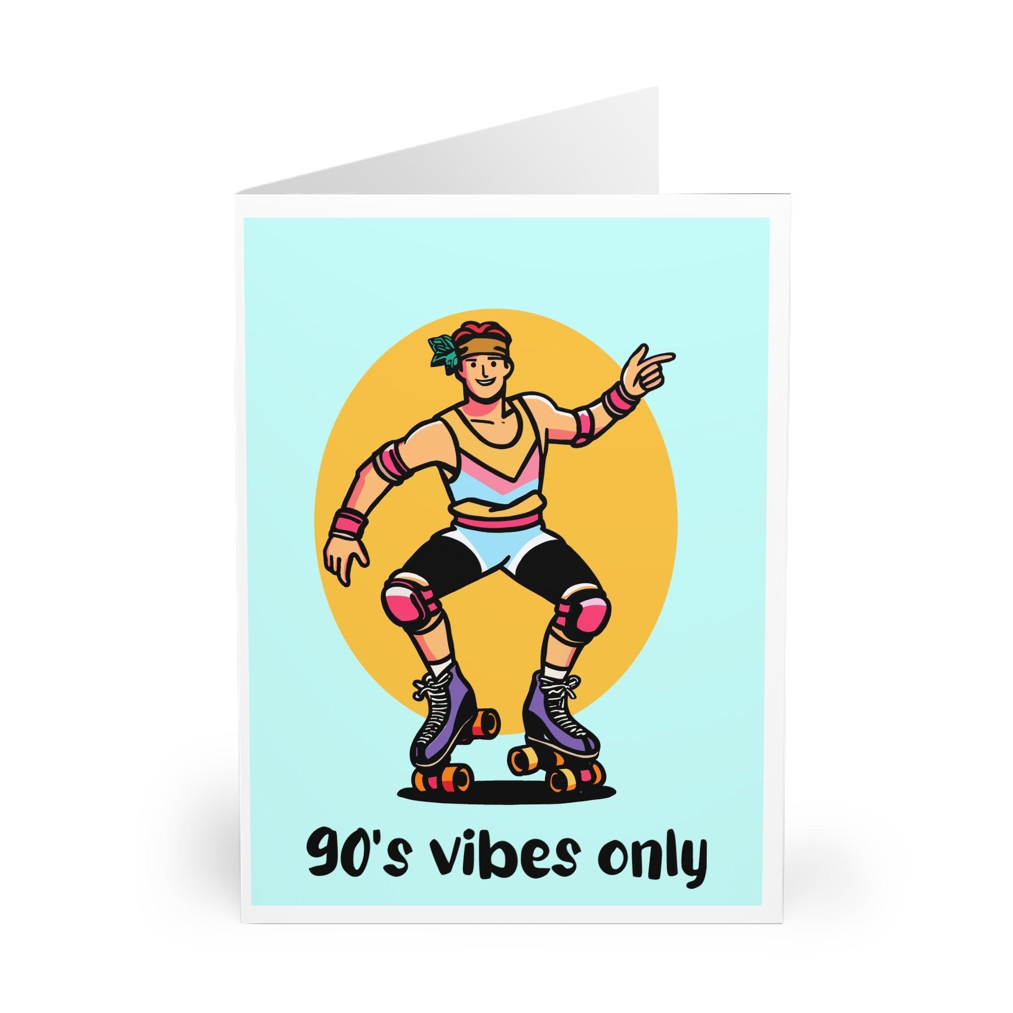 Retro-themed greeting card featuring a roller-skating figure with vibrant colors and the text '90’s Vibes Only.' A nostalgic card perfect for fans of 90’s culture - Baby Keo