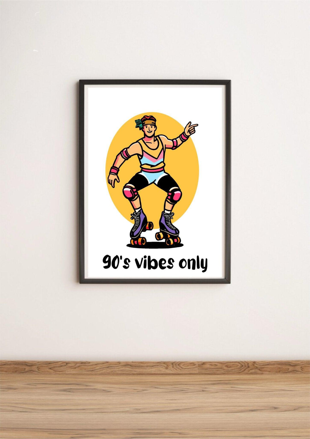 Capture the essence of '90s nostalgia with our retro-inspired illustration! Picture this: a cool cat rollerblading in vibrant '90s attire, rocking knee and elbow pads with a classic headband to match. Striking a cheeky pose, they're pointing forward like they're inviting you to join the fun. Below this playful scene, you'll find the phrase "90's Vibes Only" in bold lettering. The backdrop? A big, bright yellow oval that screams '90s aesthetic! Check out our "90's Vibes Only" Print and bring some throwback f