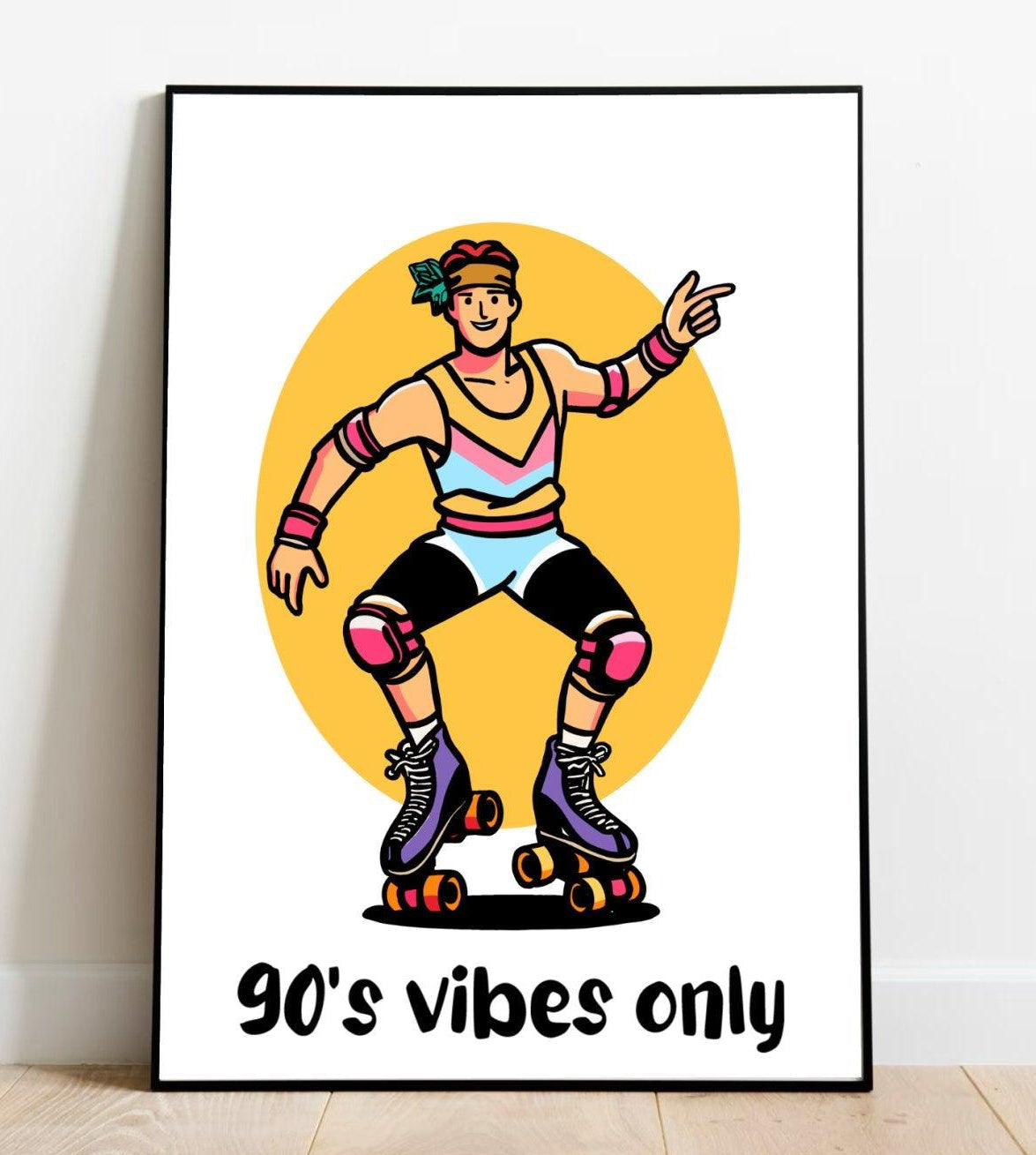 Capture the essence of '90s nostalgia with our retro-inspired illustration! Picture this: a cool cat rollerblading in vibrant '90s attire, rocking knee and elbow pads with a classic headband to match. Striking a cheeky pose, they're pointing forward like they're inviting you to join the fun. Below this playful scene, you'll find the phrase "90's Vibes Only" in bold lettering. The backdrop? A big, bright yellow oval that screams '90s aesthetic! Check out our "90's Vibes Only" Print and bring some throwback f