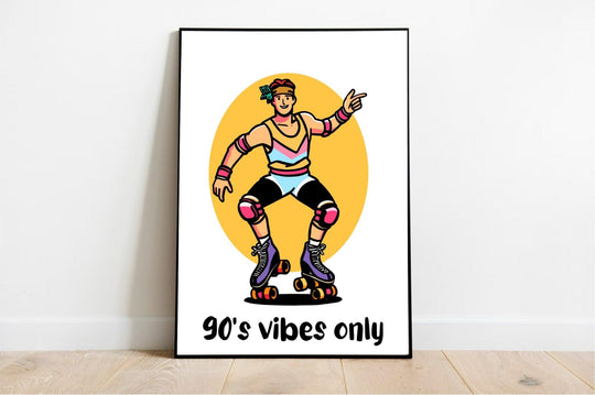 Capture the essence of '90s nostalgia with our retro-inspired illustration! Picture this: a cool cat rollerblading in vibrant '90s attire, rocking knee and elbow pads with a classic headband to match. Striking a cheeky pose, they're pointing forward like they're inviting you to join the fun. Below this playful scene, you'll find the phrase "90's Vibes Only" in bold lettering. The backdrop? A big, bright yellow oval that screams '90s aesthetic! Check out our "90's Vibes Only" Print and bring some throwback f