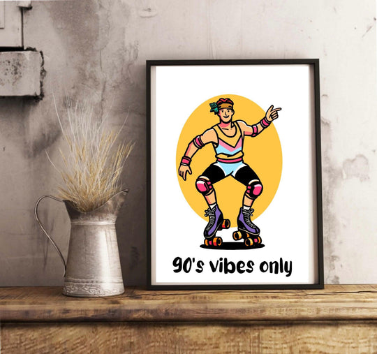 Capture the essence of '90s nostalgia with our retro-inspired illustration! Picture this: a cool cat rollerblading in vibrant '90s attire, rocking knee and elbow pads with a classic headband to match. Striking a cheeky pose, they're pointing forward like they're inviting you to join the fun. Below this playful scene, you'll find the phrase "90's Vibes Only" in bold lettering. The backdrop? A big, bright yellow oval that screams '90s aesthetic! Check out our "90's Vibes Only" Print and bring some throwback f