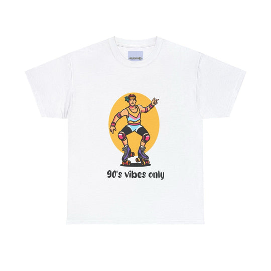 White T-shirt with a colorful retro design showcasing a strong cartoon character in 90's attire, along with the words '90's Vibes Only.' A perfect nostalgic piece for fans of the 90's era