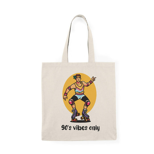 Tote bag featuring a bold and colorful design that reads '90's Vibes Only.' The print showcases retro elements and vibrant colors, capturing the nostalgic essence of the 1990s. Perfect for expressing a love for vintage style and adding a fun touch to everyday outfits