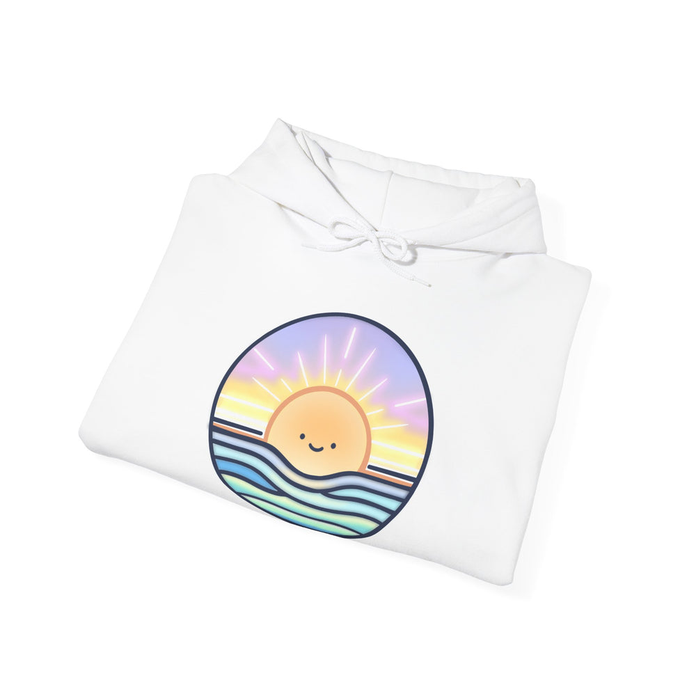 Front view of Here Comes The Sun Hoodie”, “Back view of Here Comes The Sun Hoodie”, “Close-up of sun design on hoodie”, “Side view of hoodie with sun graphic