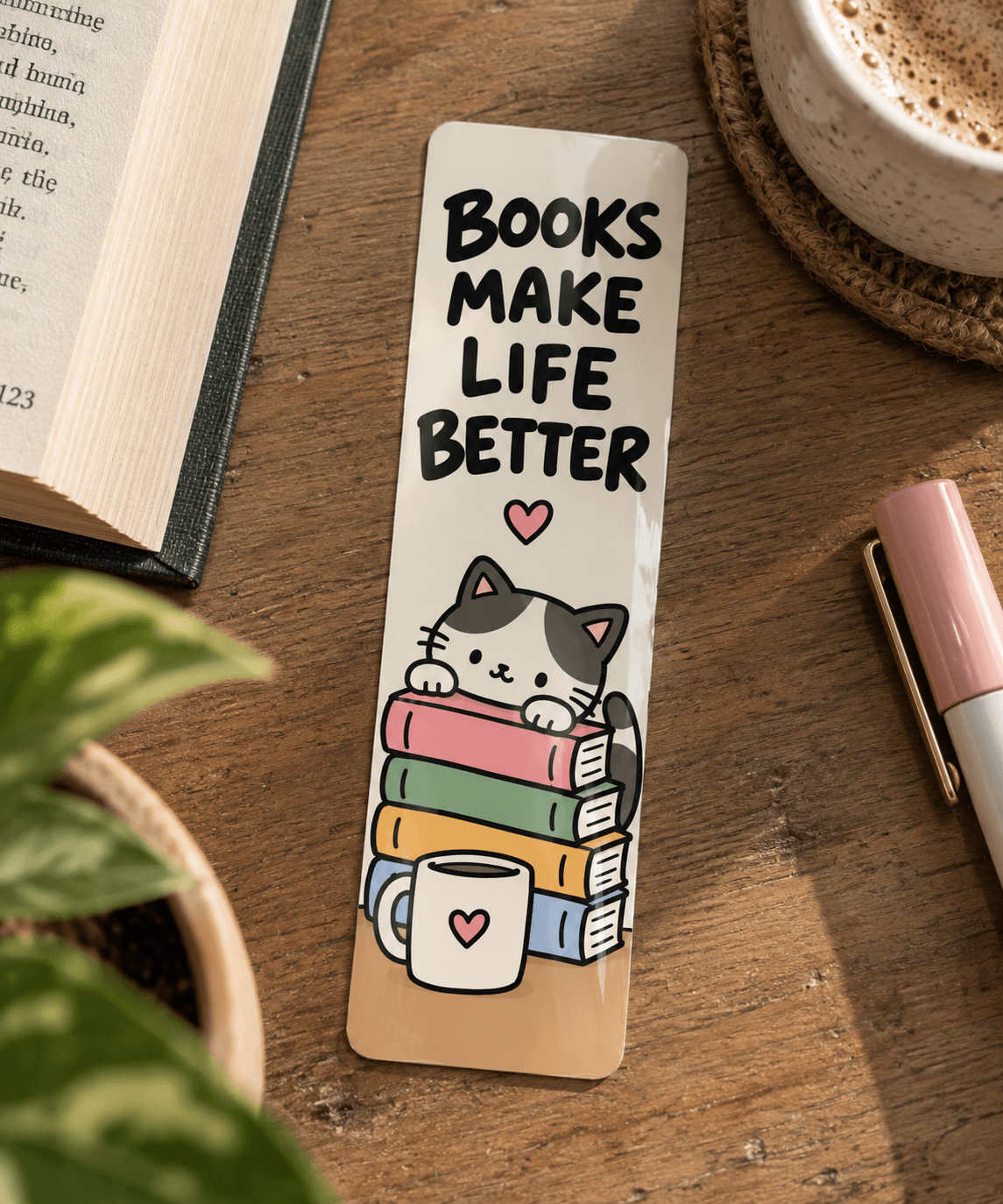A rectangular metal bookmark with rounded corners sits on a wooden desk. The bookmark features the text 'BOOKS MAKE LIFE BETTER' in black above a cartoon cat peeking over a stack of colorful books, with a small pink heart and a white mug with a heart.
