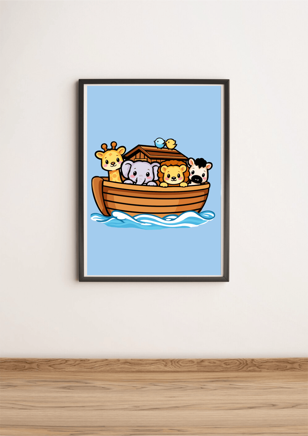 Noahs ark art print with cute animals kawaii nursery wall decor pastel blue background