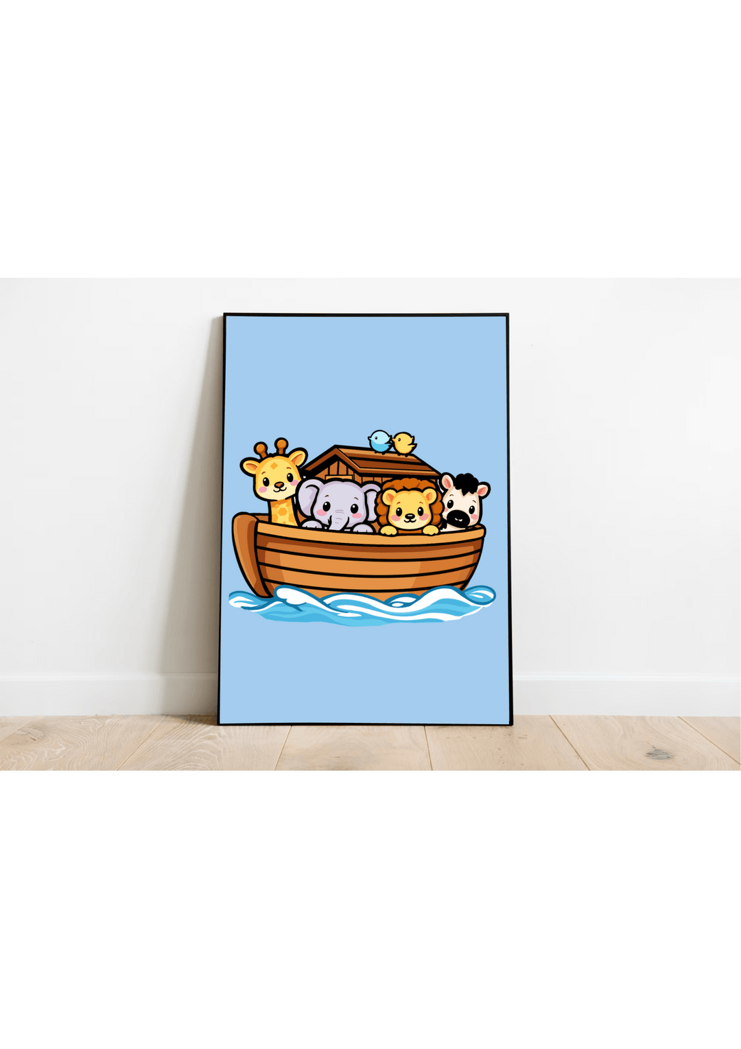 Noahs ark art print with cute animals kawaii nursery wall decor pastel blue background