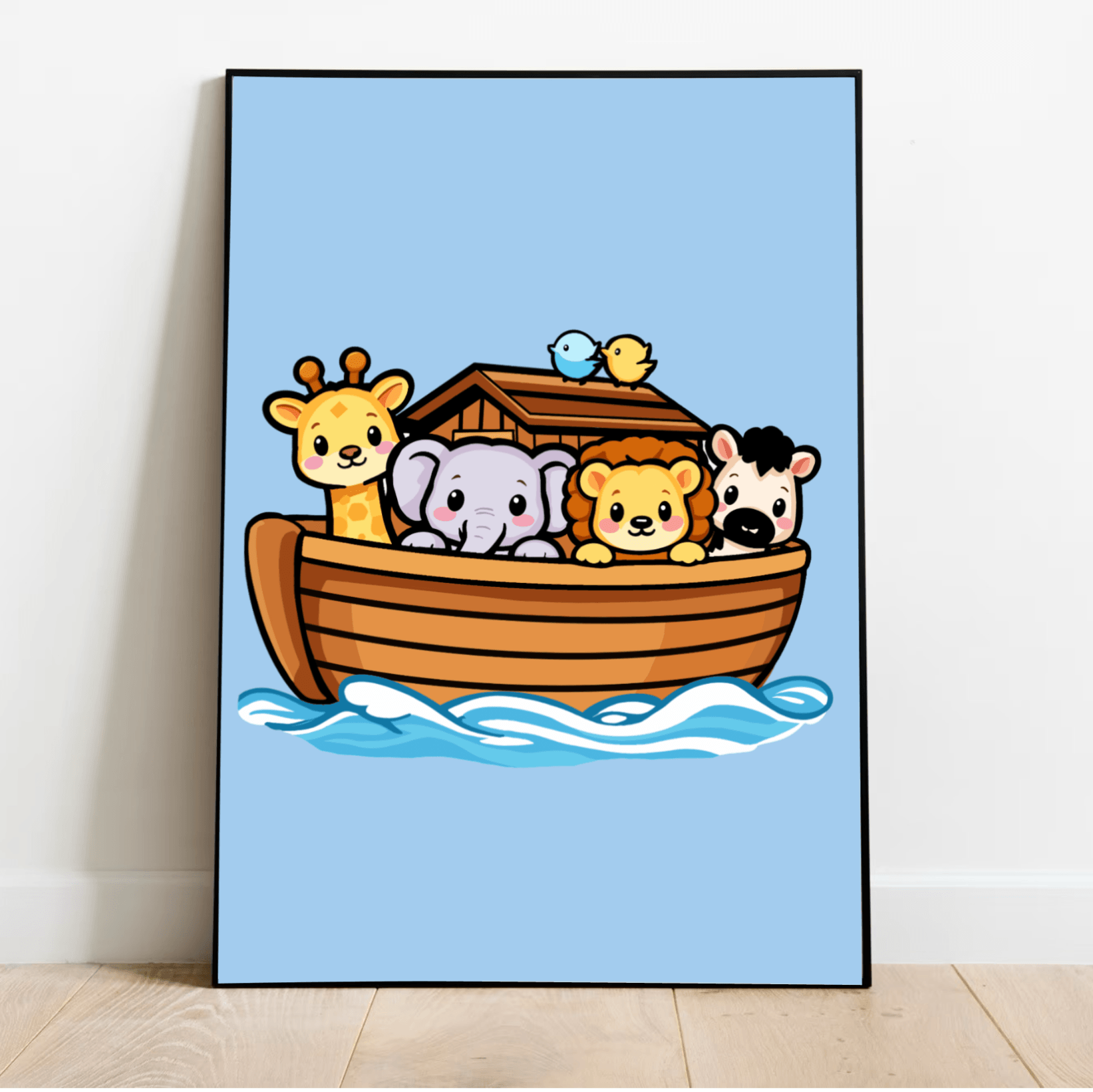 Noahs ark art print with cute animals kawaii nursery wall decor pastel blue background