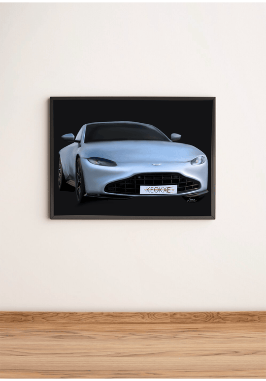 Rev up your space with the stunning framed digital painting, "Aston Martin Vantage: A Symphony of Elegance and Power." This eye-catching artwork captures the sleek modern design, featuring its iconic smooth curves and bold front grille. It's an automotive masterpiece that leans stylishly against a light-colored wall, resting gracefully on a wooden floor. Perfect for car enthusiasts or anyone looking to add a touch of elegance to their decor!