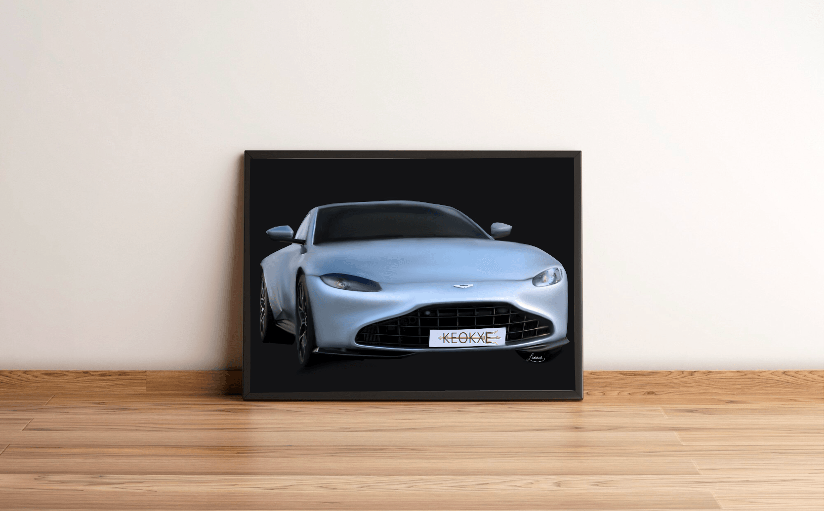 Rev up your space with the stunning framed digital painting, "Aston Martin Vantage: A Symphony of Elegance and Power." This eye-catching artwork captures the sleek modern design, featuring its iconic smooth curves and bold front grille. It's an automotive masterpiece that leans stylishly against a light-colored wall, resting gracefully on a wooden floor. Perfect for car enthusiasts or anyone looking to add a touch of elegance to their decor!