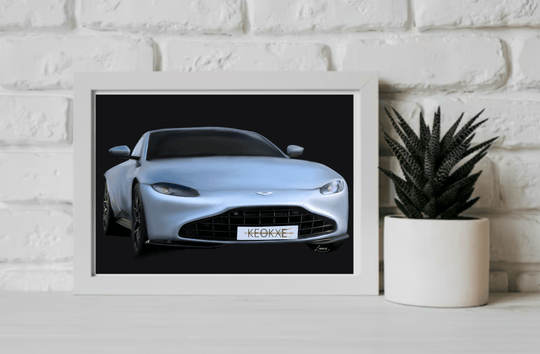 Rev up your space with the stunning framed digital painting, "Aston Martin Vantage: A Symphony of Elegance and Power." This eye-catching artwork captures the sleek modern design, featuring its iconic smooth curves and bold front grille. It's an automotive masterpiece that leans stylishly against a light-colored wall, resting gracefully on a wooden floor. Perfect for car enthusiasts or anyone looking to add a touch of elegance to their decor!