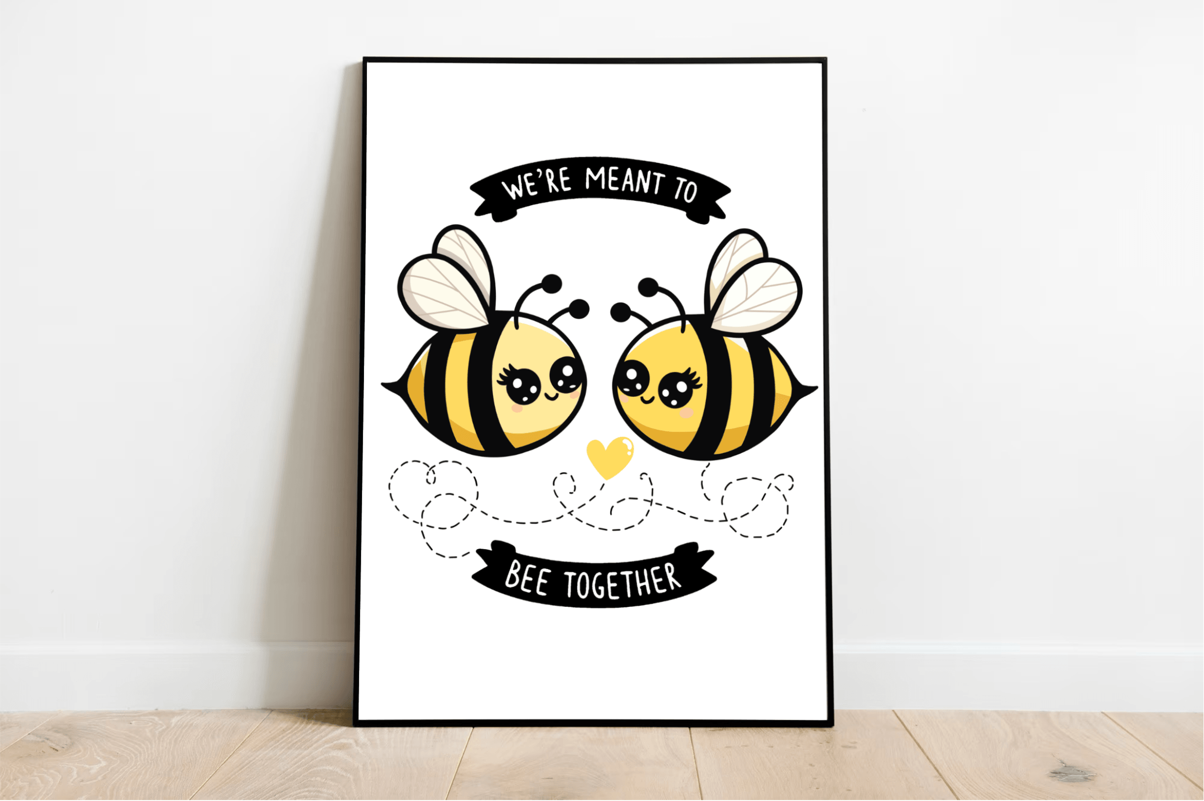 Introducing our charming "We're Meant to Bee Together" print! This delightful piece features two adorable cartoon bees, complete with cute, smiling faces, on a crisp white background. A heart and playful dotted lines connect the bees, beautifully symbolizing unity and togetherness. The sweet message, "We're meant to bee together," makes this print a perfect addition for anyone looking to add some nature-themed warmth to their home decor. Whether you’re sprucing up your living space or searching for a though