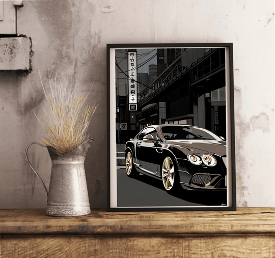 Sophisticated art print featuring a luxury black Bentley driving through the sleek urban streets of Tokyo, capturing the essence of high-class city life. Ideal for car lovers and fans of contemporary cityscapes - Baby Keo.