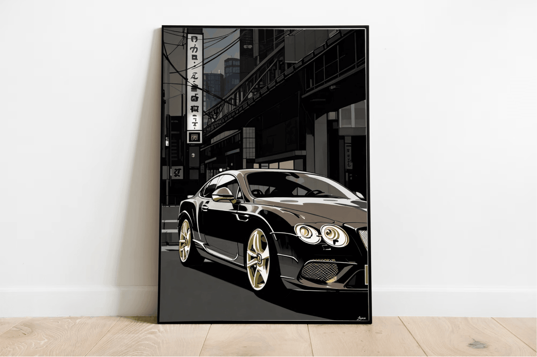 Sophisticated art print featuring a luxury black Bentley driving through the sleek urban streets of Tokyo, capturing the essence of high-class city life. Ideal for car lovers and fans of contemporary cityscapes - Baby Keo.